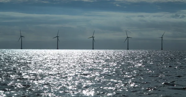 Vindturbiner kraftgenerator gård i havet — Stockfoto