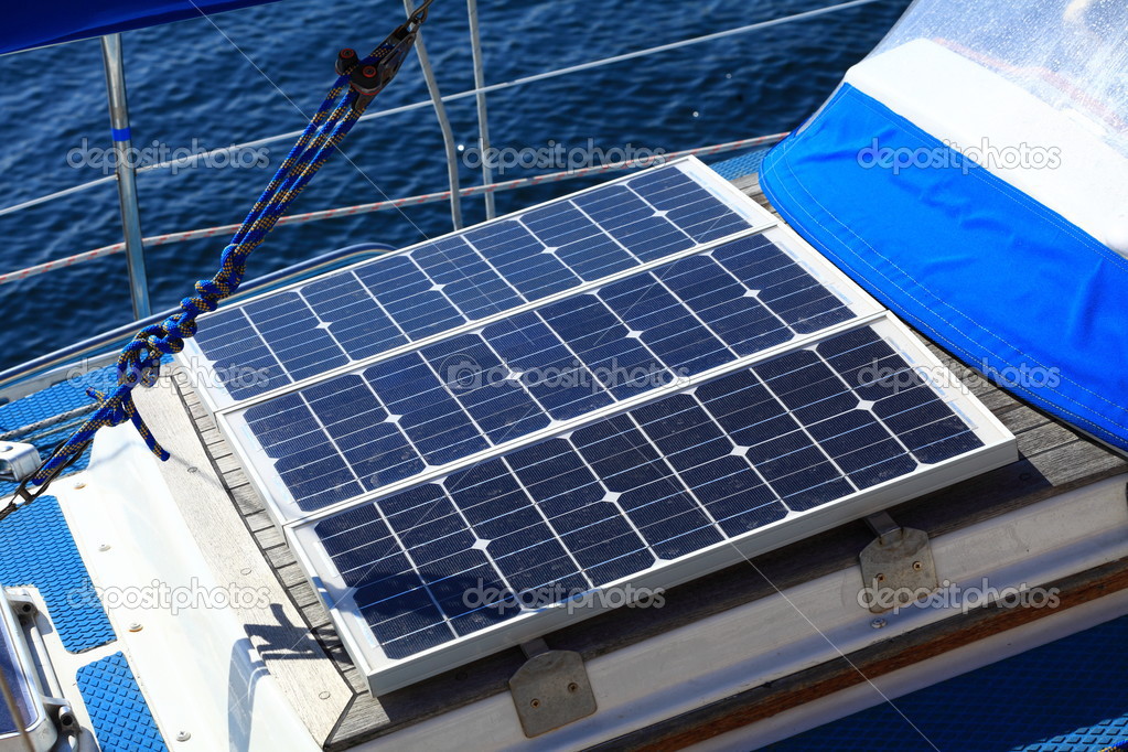 Solar panels in sailboat. Renewable eco energy Stock Photo by