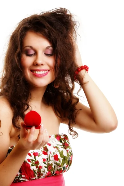 Woman holding a present with engagement ring — Stock Photo, Image