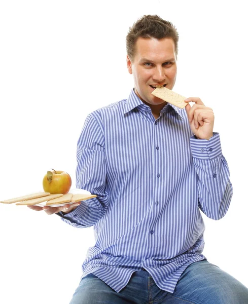 Křupavý chléb zdravého životního stylu člověka jíst a apple — Stock fotografie