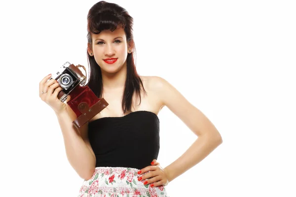 Pretty retro girl with vintage camera — Stock Photo, Image