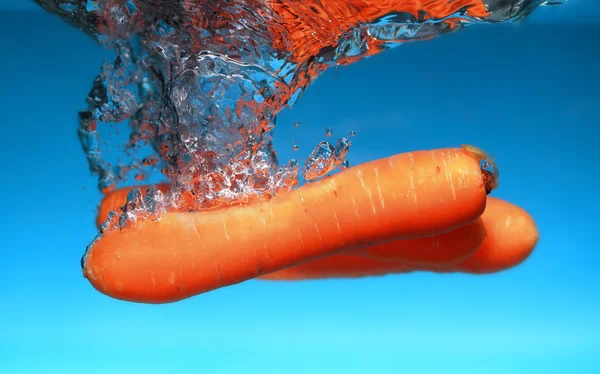 Морква у воді бризкає над синім — стокове фото