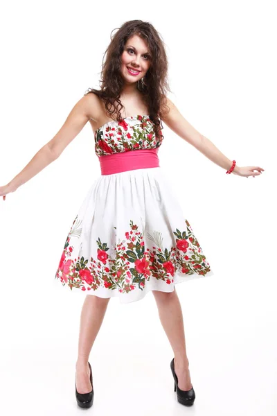 Fashion young woman in summer dress on white — Stock Photo, Image