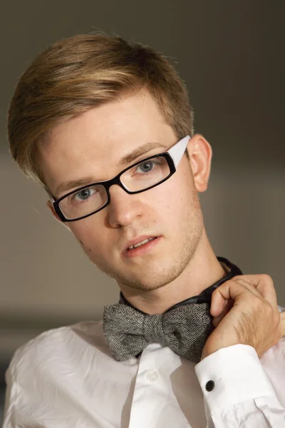 Portrait young handsome stylish man indoor — Stock Photo, Image