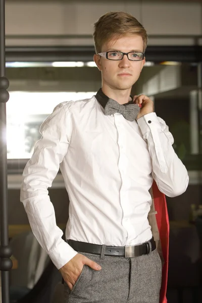 Portrait young handsome stylish man indoor — Stock Photo, Image