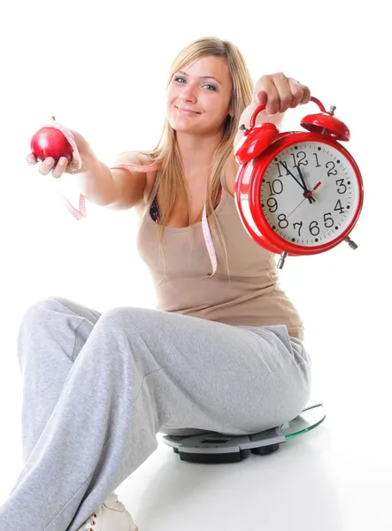 Time for diet slimming. Large girl with scale. — Stock Photo, Image