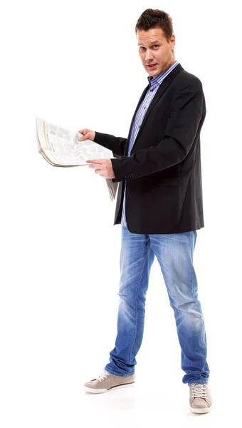 Biznesmen czytający gazetę w izolatce — Zdjęcie stockowe