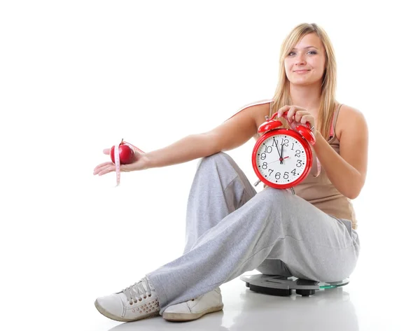 Time for diet slimming. Large girl with scale. — Stock Photo, Image