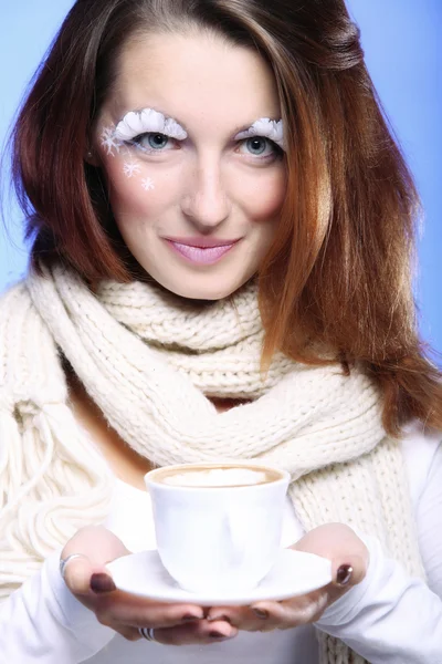 Winter makeup woman with cup of hot latte coffee — Stock Photo, Image