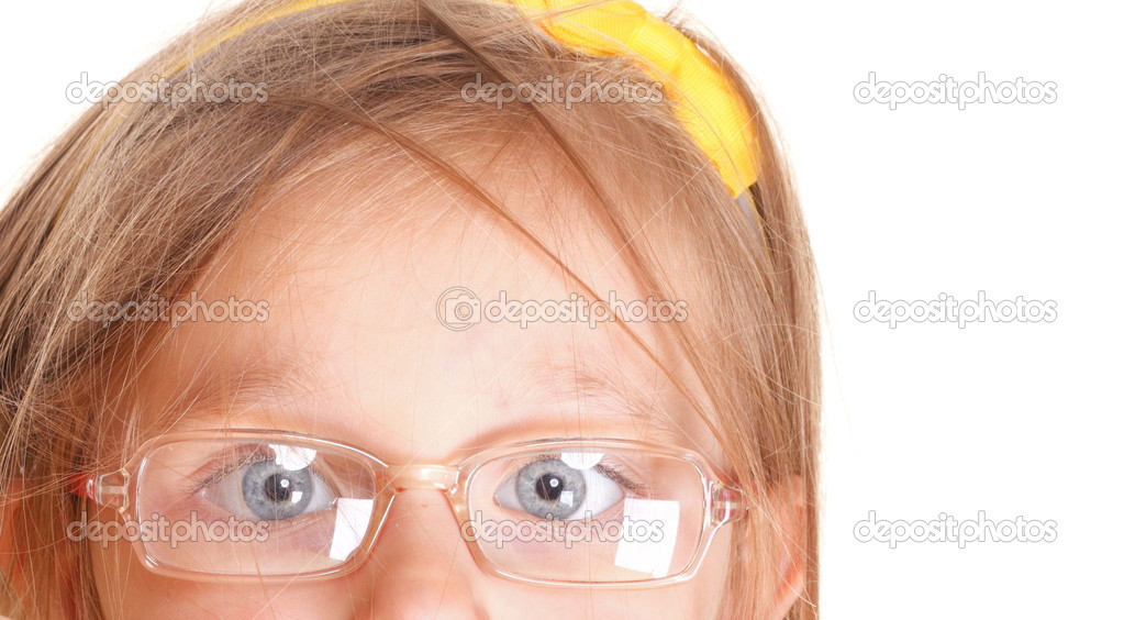 Poor eyesight girl wearing glasses isolated on white — Stock Photo