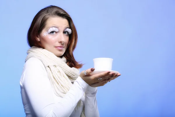 Winter makeup woman with cup of hot beverge — Stock Photo, Image