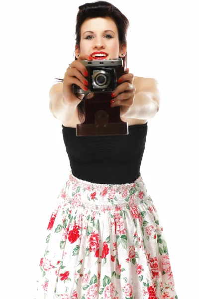 Pretty retro girl with vintage camera — Stock Photo, Image