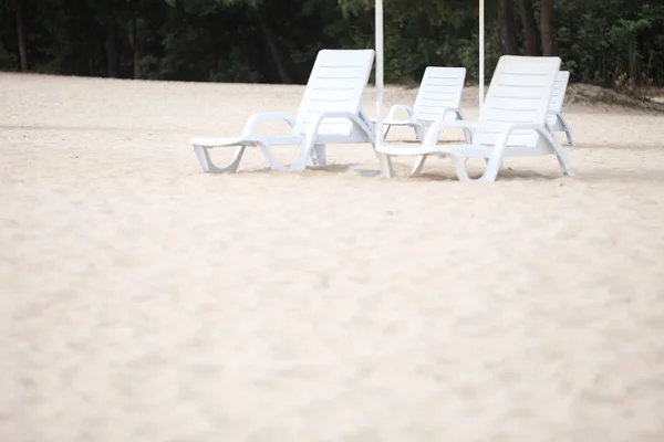 White pool chairs on sand beach — Stock Photo, Image