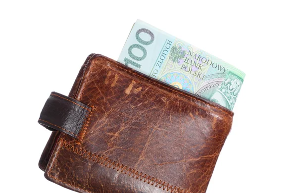 Economie en financiën. Portemonnee met geïsoleerd polijstbankbiljet — Stockfoto