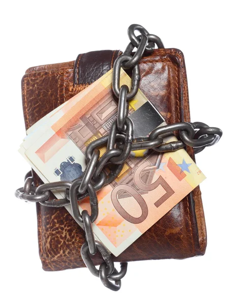 End of personal spending. Wallet euro banknote in chain — Stock Photo, Image