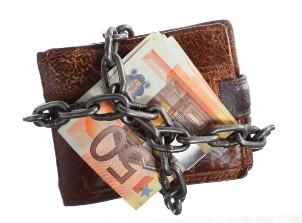 End of personal spending. Wallet euro banknote in chain — Stock Photo, Image