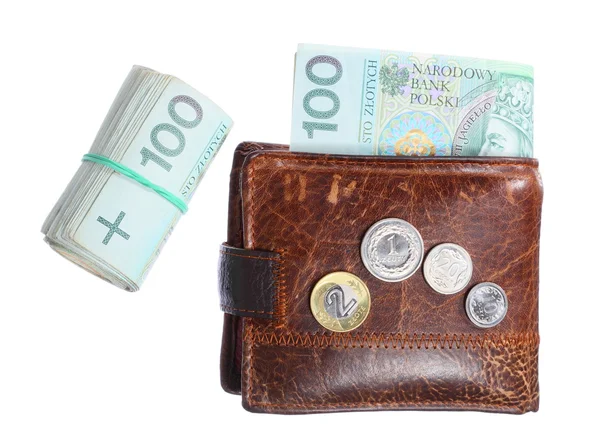 Gazdaság és pénzügy. Pénztárca izolált lengyel bankjeggyel — Stock Fotó
