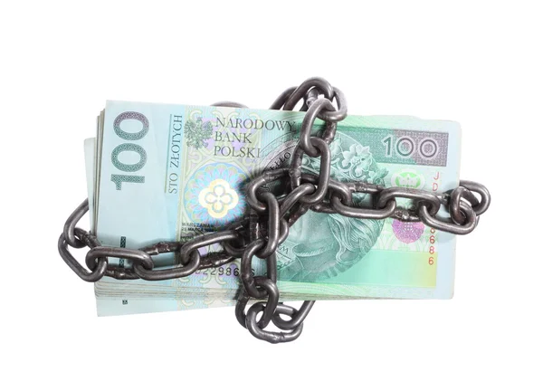 Polnische Währung mit Kette für Sicherheit und Investitionen — Stockfoto