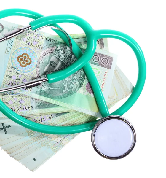 Custo dos cuidados de saúde: estetoscópio em dinheiro polonês — Fotografia de Stock