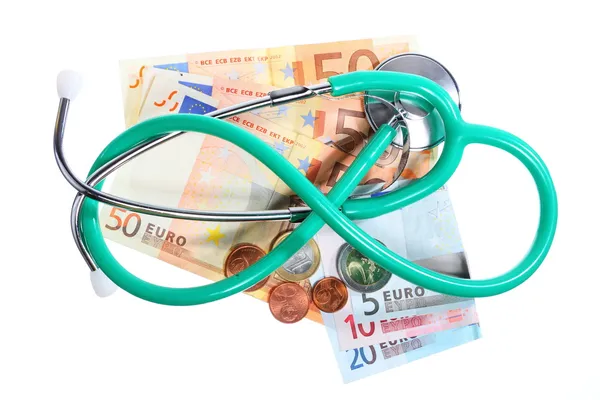 Cost of health care: stethoscope on euro money — Stock Photo, Image