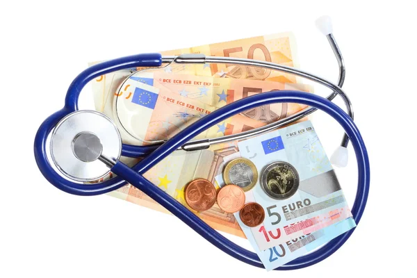 Cost of health care: stethoscope on euro money — Stock Photo, Image