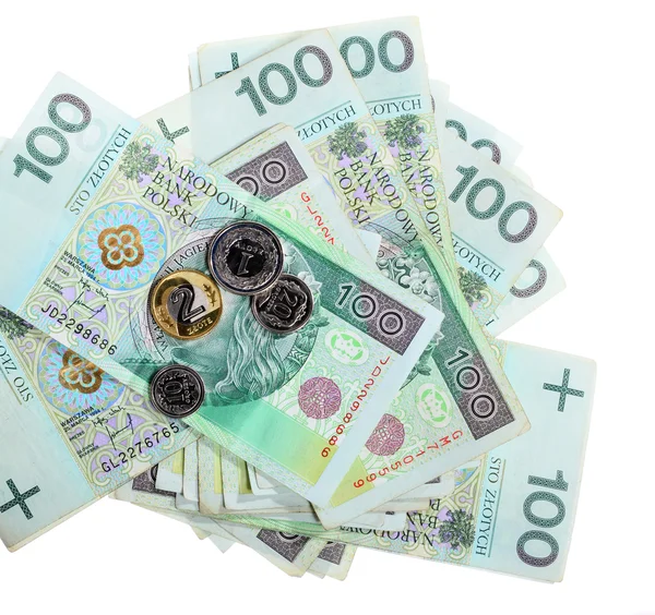 Dinheiro e poupança. Empilhamento de notas de 100 notas de zloty polidas — Fotografia de Stock