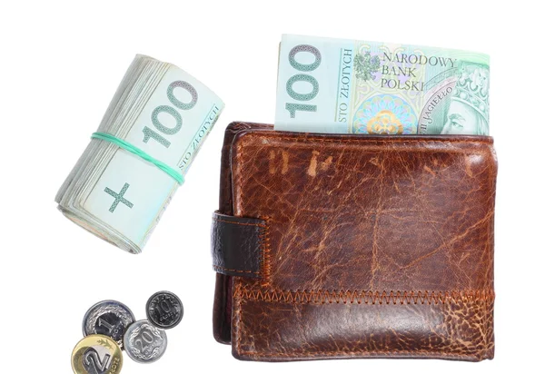 Economy and finance. Wallet with polish banknote isolated — Stock Photo, Image