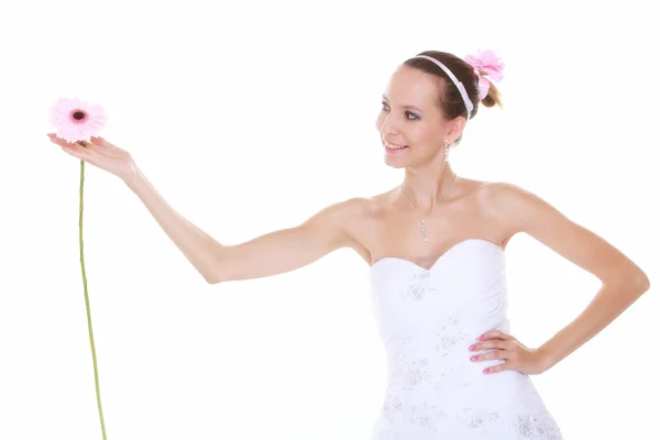 Hochzeitstag. romantische Braut mit rosa Blume isoliert — Stockfoto