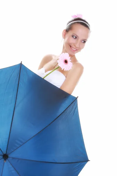 Wedding day. Bride with flower and umbrella isolated — Stock Photo, Image