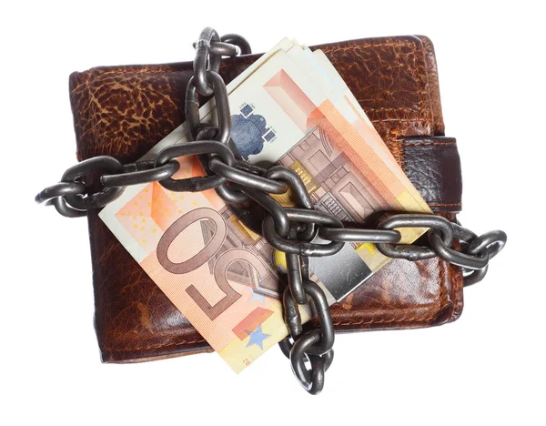 End of personal spending. Wallet euro banknote in chain — Stock Photo, Image