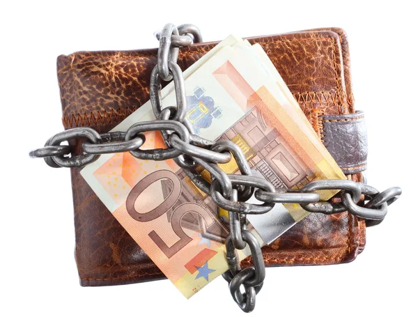 End of personal spending. Wallet euro banknote in chain — Stock Photo, Image