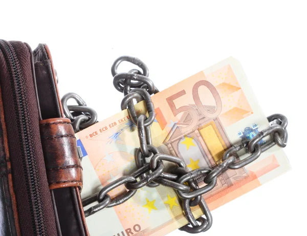 End of personal spending. Purse euro banknote in chain — Stock Photo, Image