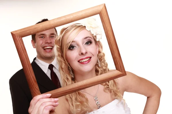 Wedding couple in the frame happy bride groom — Stock Photo, Image