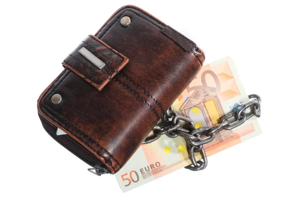 End of personal spending. Purse euro banknote in chain — Stock Photo, Image