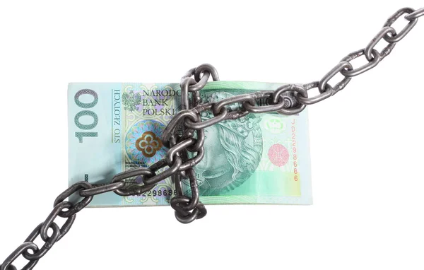 Polish currency with chain for security and investment — Stock Photo, Image