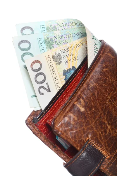 Economía y finanzas. Billetera con billete polaco aislado — Foto de Stock