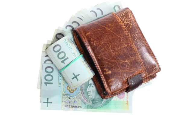 Dinero y ahorros. Montón de billetes de 100 pulidos zloty — Foto de Stock