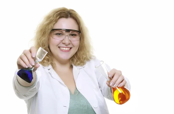 Chemist woman with chemical glassware flask isolated — Stock Photo, Image