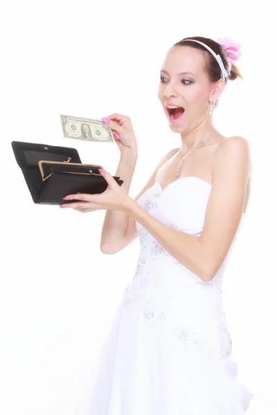 Концепция расходов на свадьбу. Невеста с кошельком и долларом — стоковое фото