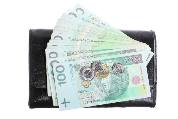 Economía y finanzas. Monedero con billete polaco aislado — Foto de Stock
