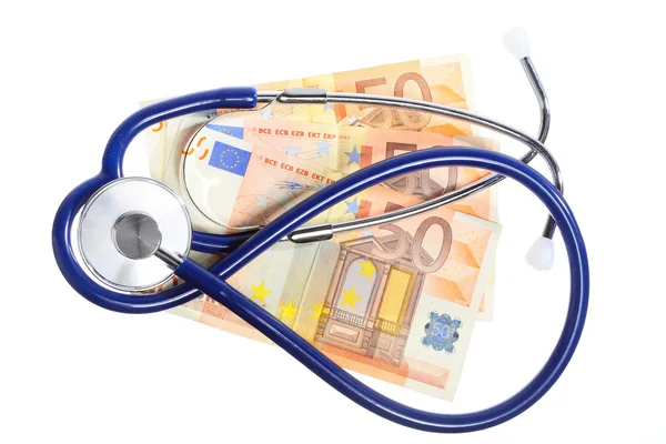 Cost of health care: stethoscope on euro money — Stock Photo, Image