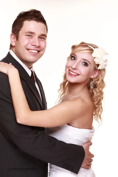 Portrait of happy bride and groom on white background — Stock Photo, Image