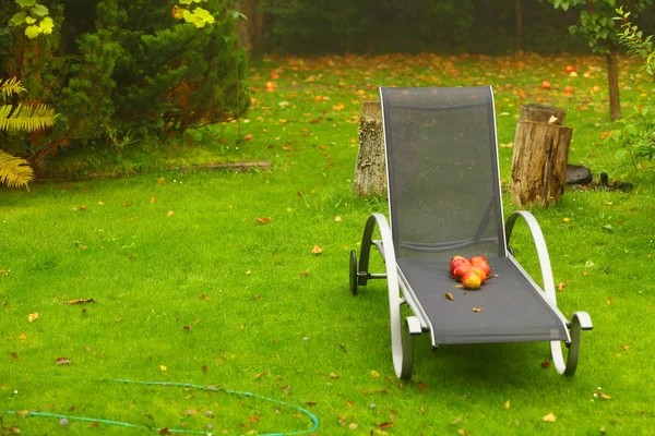 Autumn red apples on chair in garden — Stock Photo, Image