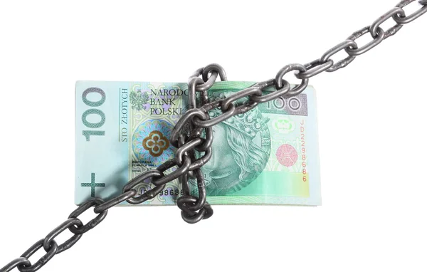 Polish currency with chain for security and investment — Stock Photo, Image