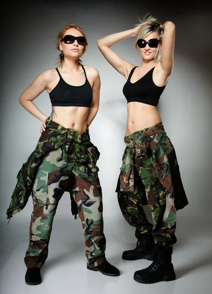 Two women in military clothes, army girls — Stock Photo, Image