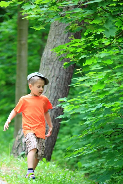 Ragazzo calci la palla in parco all'aperto — Foto Stock