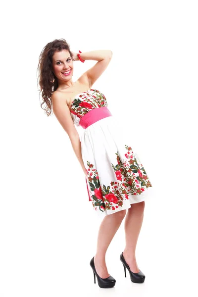 Módní mladá žena v letních šatech na bílém pozadí — Stock fotografie