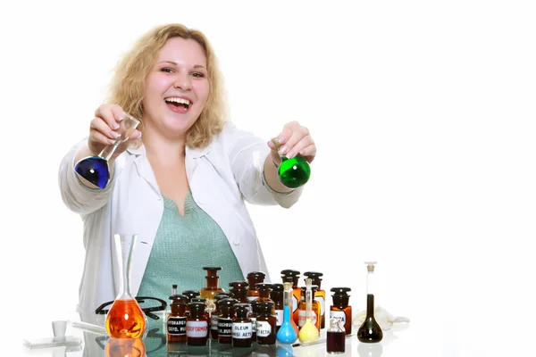 Chemist woman with chemical glassware flask isolated — Stock Photo, Image