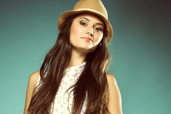 Beautiful happy girl in summer hat — Stock Photo, Image