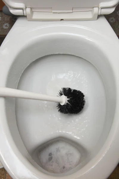 Limpeza de um vaso sanitário com escova — Fotografia de Stock